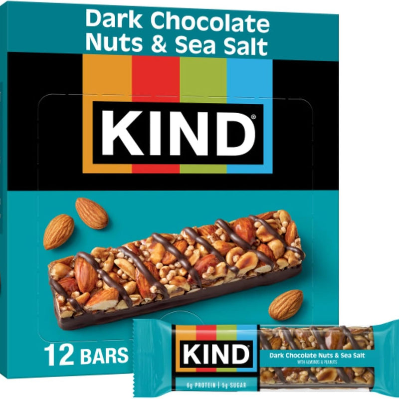 KIND Healthy Snacks Bars, Dark Chocolate Nuts & Sea Salt, Gluten Free, Low Sugar, High Fiber Snacks, 6g Protein, 12 Count