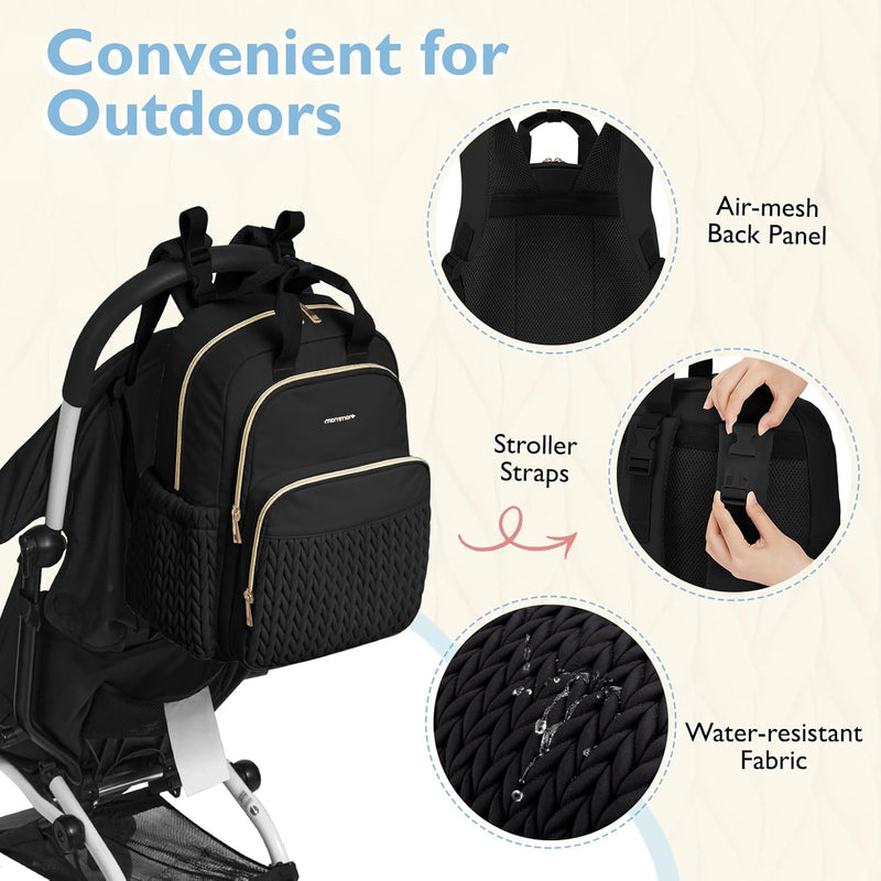mommore Diaper Bag Backpack, Large Travel Baby Bag for Daily Essentials | Stylish Diaper Backpack for Toddler, Insulated Pockets, Changing Pad & Stroller Straps for Outdoor Trip