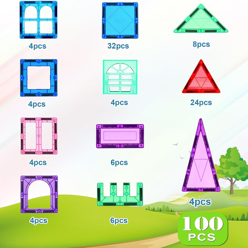 Magnetic Tiles 100PCS Kids Toys - Magnetic Building Blocks STEM Magnet Building Set Preschool Learning Magnet Toys for Kids Ages 3-5 4-8, Sensory Montessori Toy for Toddlers 3+ Year Old Boys Girls