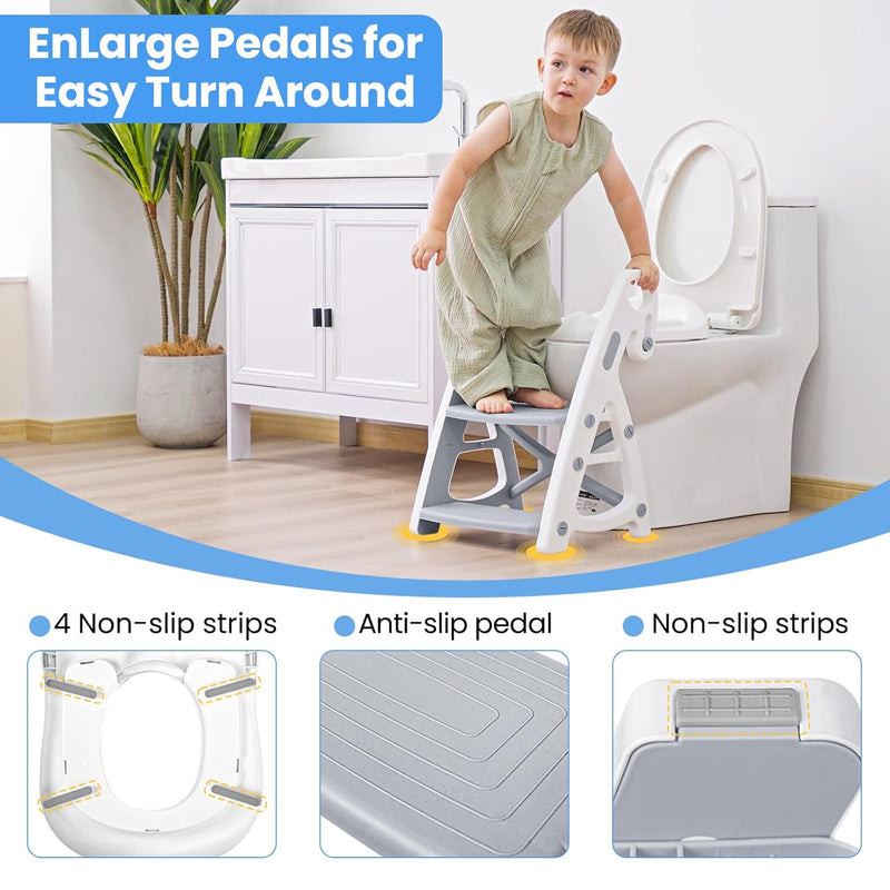 Potty Training Toilet, 2-in-1 Stable Potty Seat with Step Stool | Adjustable Seat and Step Height, Extra Wide Step, Anti-Slip Pad, Splash Guard, for Boys and Girls, Grey