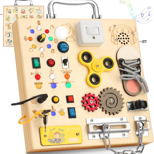 25-in-1 Montessori Busy Board with LED Lights, Sensory Activities for Toddlers 1-3 Years