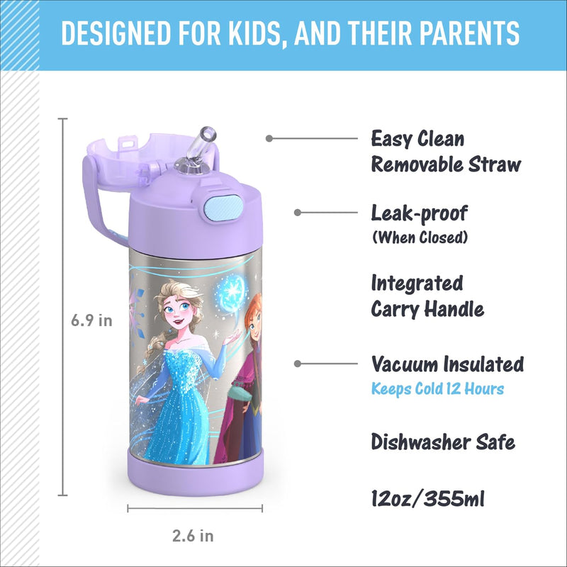 THERMOS FUNTAINER Water Bottle with Straw, 12oz, Frozen 2 | Kids Stainless Steel Insulated Water Bottle, Keeps Drinks Cold Longer for School & Play, BPA-Free