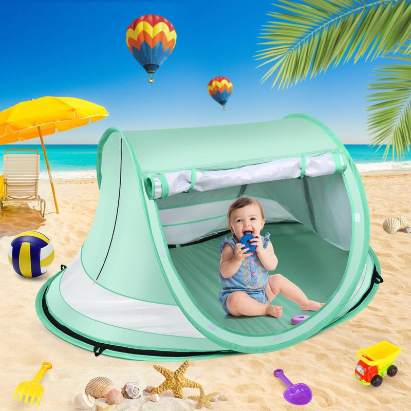 Kapeazo Baby Beach Tent, Pop Up UV Sun Shade for Infant Toddlers (Green) | Portable Baby Beach Essentials, Sun Shelter for Travel, UPF 50+, Breathable Mesh, Infant Sleeping Tent for Parks and Camping