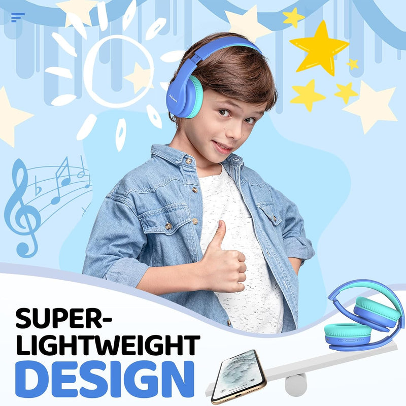 JoySpark Kids Bluetooth Headphones, Lightweight Wireless Headphones for Kids, 85/94dB Volume Limited, 60 Hours Playtime, Bluetooth 5.3, Over-Ear Toddler Headsets with Built-in Mic-Blue