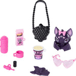 Monster High Doll, Draculaura in Pink Bow Dress and Black Cardigan with Pet Bat Count Fabulous and 7 Accessories Like Ramen, Lipstick and Purse