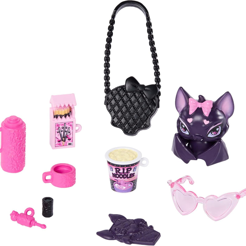 Monster High Doll, Draculaura in Pink Bow Dress and Black Cardigan with Pet Bat Count Fabulous and 7 Accessories Like Ramen, Lipstick and Purse