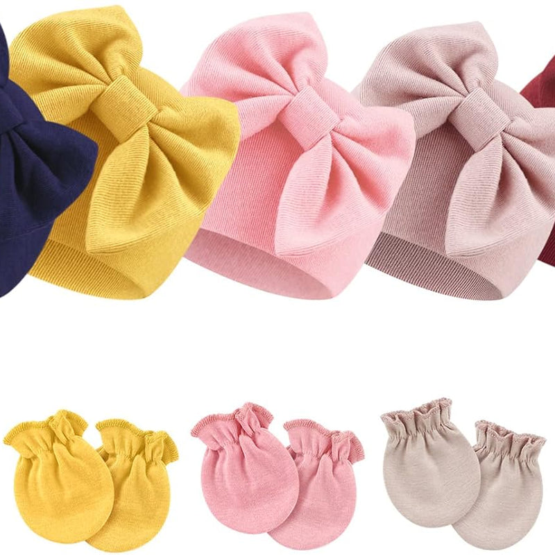 BQUBO Newborn Baby Girls Hats Mittens Set Hospital Hat Beanie Infant Bow Hats Baby Cotton Gloves for 0-6 Months