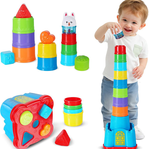 iPlay, iLearn Baby Stacking Cup Toy, Toddler Stackable Block w/Shape Sorter | Infant Stackable Cups Montessori Learing Nesting Sorting Game, Kids Bath Toy Birthday Gift 12 18Month 1 2 3 Year Old Boy Girl