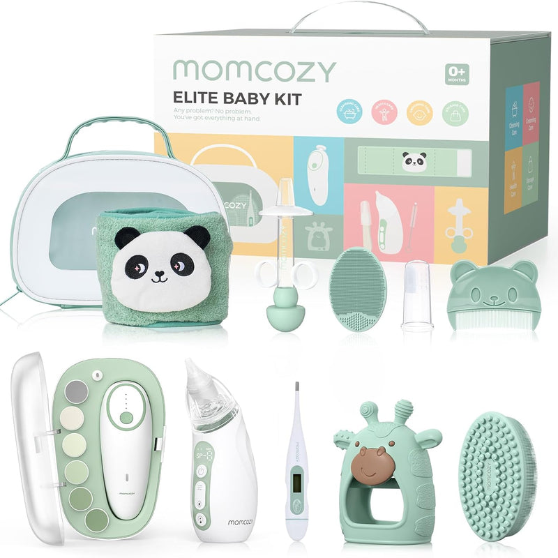 Momcozy Elite Baby Kit, Superior Baby Shower Gift & Registry Essential Kit | Grooming&Health&Cleansing Care Set,Electric Nail File & Nasal Aspirator,Tummy Wrap,Thermometer,Bath Brush,Teether,Storage Bag