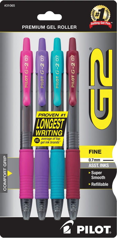 Pilot G2 Pens, Premium Refillable and Retractable Rolling Ball Gel Pens, Fine Point, 0.7mm, Black Ink, 4-Pack
