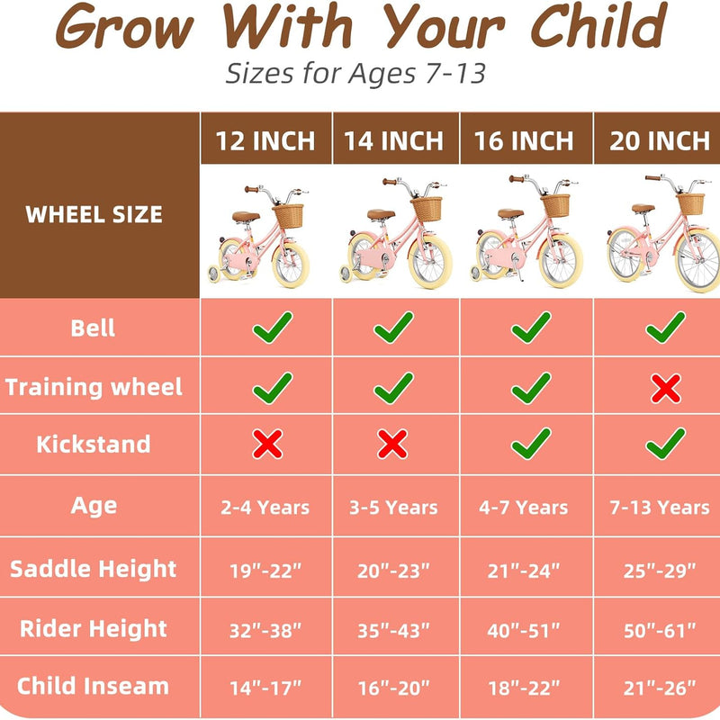 12-20 inch girls' bike with training wheels, pink, adjustable seat & handlebars, sturdy brakes & durable tires
