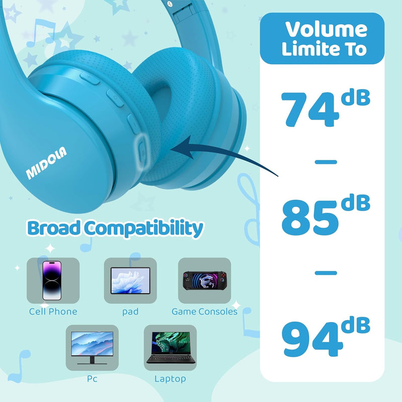 MIDOLA Kids Bluetooth Headphones - 68H Play Time Volume Limit and Built-in Mic