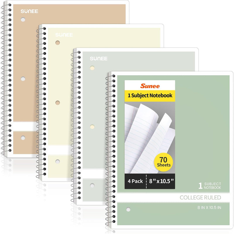 SUNEE Spiral Notebooks, 1-Subject, 5 Pack, College Ruled Paper, 8" x 10-1/2", 70 Sheets per Notebook,3-Hole Punched Paper, Pink,Purple, Blue, Green, Yellow Spiral Lined Notebooks for School,Work
