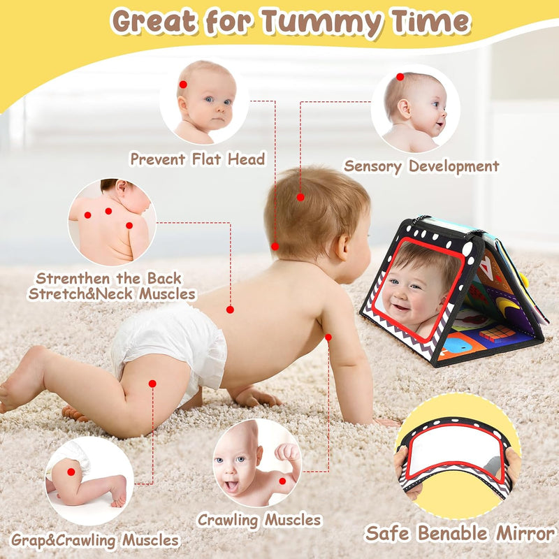 URMYWO Tummy Time Mirror Toys, High Contrast Baby Toys for Newborn | Visual Stimulation Black and White Baby Toys, Sensory Crinkle Book Toy for Infant 0-3-6-12 Months, Boy Girl Shower Gifts