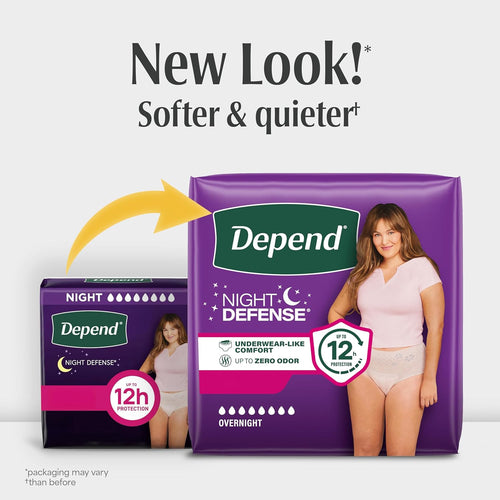 Depend Night Defense Adult Diapers, Incontinence & Postpartum Bladder Leak Underwear for Women, Disposable, Overnight, Large, Blush, 22 Count, Packaging May Vary