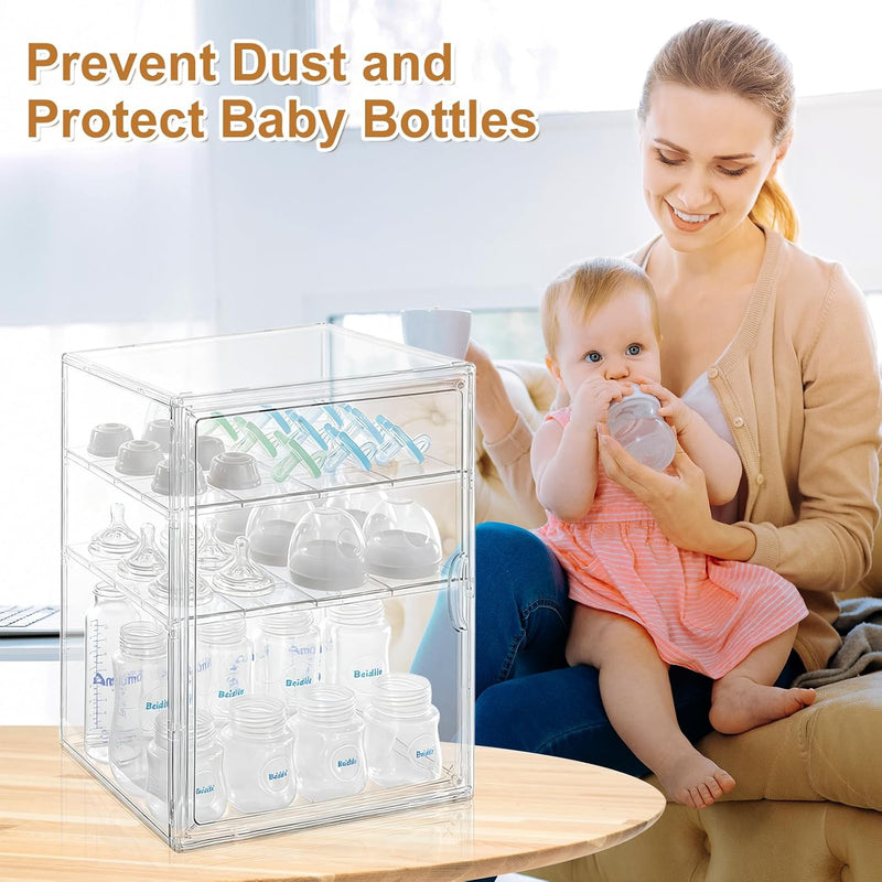 ERTIUANIO Baby Bottle Organizer – 3 Tier Acrylic Bottle Storage Organizer container, Clear Plastic Bottle Station Organizers Drawers for Countertop Kitchen Cabinet Vanity, Bathroom, Gifts for New Mom