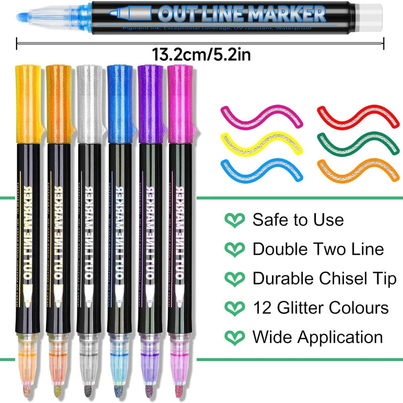 Yangmei Outline Glitter Markers, Teen Girl Gifts Trendy Stuff, Art Supplies for Kids 6-8 9-12, Crafts for Girls 8-12, 12 Self Outline Metallic Markers, Gift for 4-12 Year Old Girls Birthday Gift