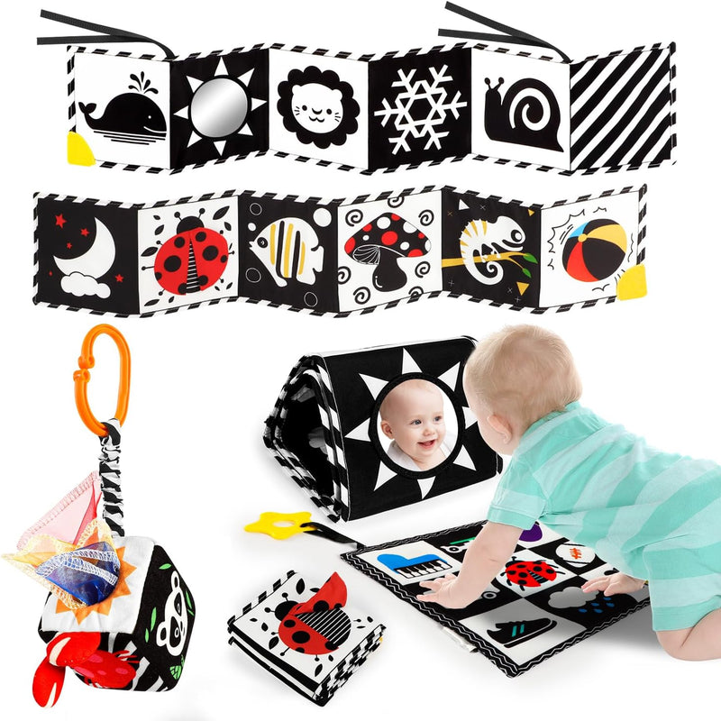 Tummy Time Toys, High Contrast Baby Book with Mirror & Teether for Newborn | Black and White Baby Toys for infant 0-6-12 Months, Visual Stimulation Soft Sensory Books, Baby Boy Girl Shower Gift