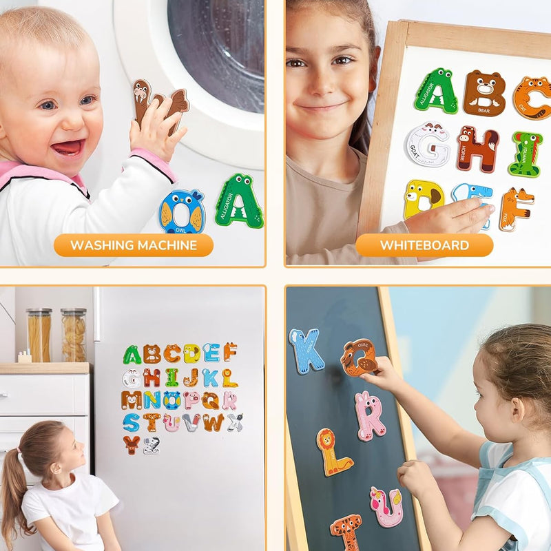 joycat wooden thick alphabet magnets for toddlers, large size cute animal colorful abc magnetic letters