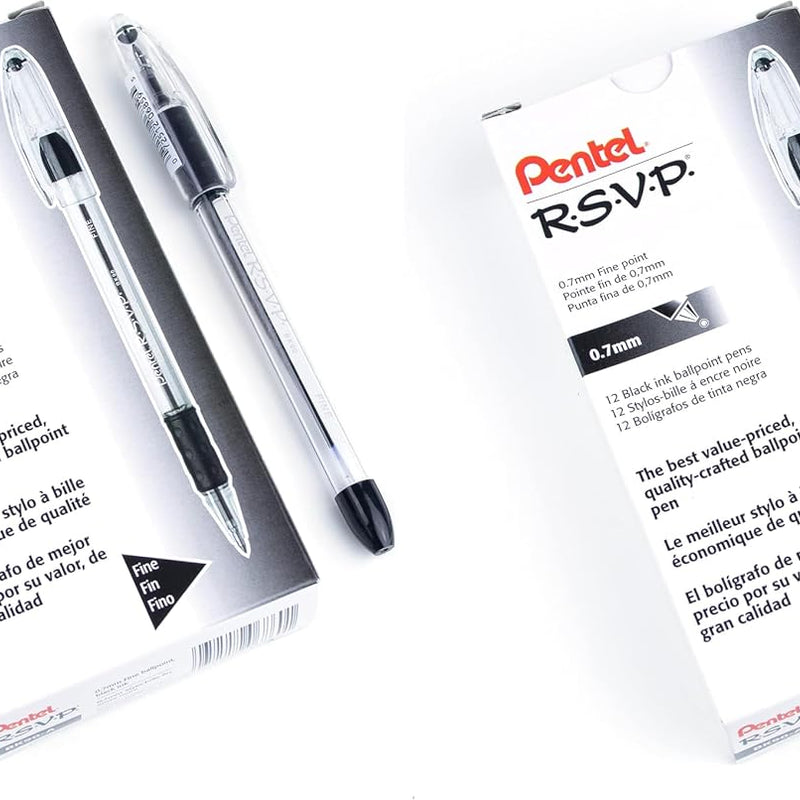 Pentel RSVP Ballpoint Pen, Fine Line, (0.7mm), Black Ink (BK90-A) (Pack of 1, 12 Count Total)