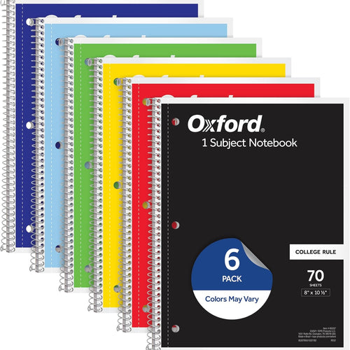Oxford Spiral Notebook 6 Pack, 1 Subject, College Ruled Paper, 8 x 10-1/2 Inch, Color Assortment Design May Vary (65007)