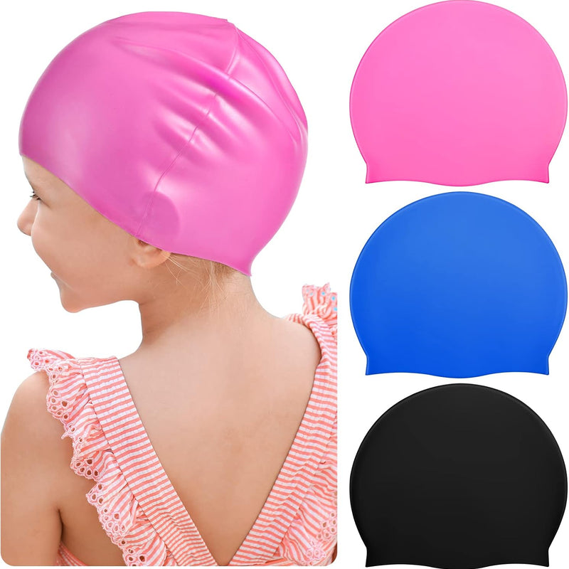 Zhanmai 3 Pieces Kids Swim Caps for Girls Boys Age 4-16 Silicone Swimming Cap Long Hair Teens Youths with Long Curly Hair Braids Dreadlocks Large Waterproof Pool Swim Hat