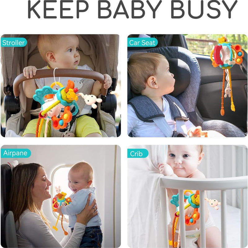 Baby Airplane Travel Toy for Toddlers 1-3, Silicone Pull String Sensory Toy | Airplane Travel Essential for Baby Infant Flights, Car Rides and Stroller Carseat,Silicone Pull String Toy for Toddler 1 2 3