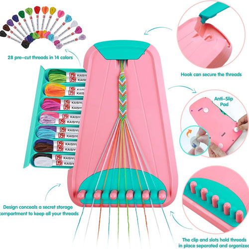 Maynacs Friendship Bracelet Making Kit for Girls 8-12, 28 Pre-Cut Threads | 28 Pre-Cut Threads in 14 Colors, 100 Letter Beads, Hidden Storage Tray - Screen-Free Travel Craft Kit for Kids and Teens