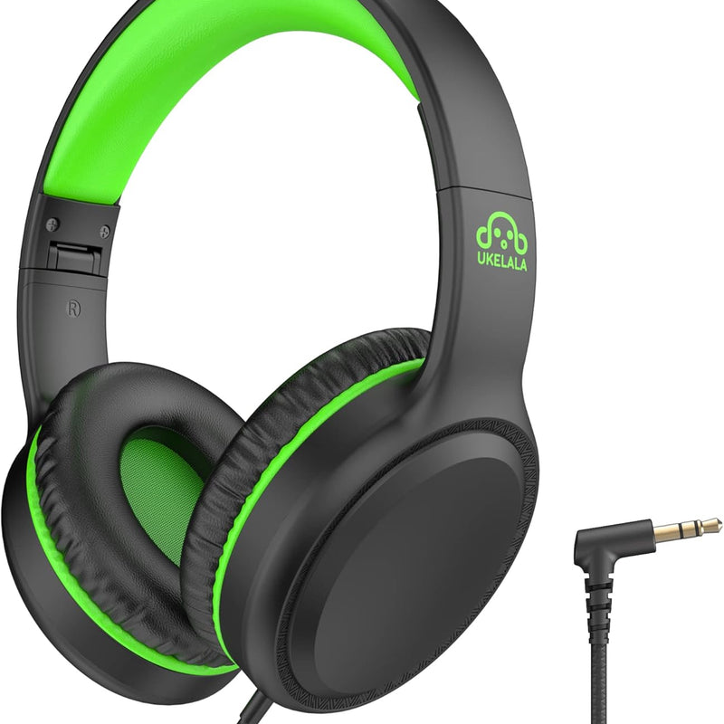 UKELALA Green Wired Headphones for Youth - Portable On Ear Headphones for School Airplane Travel
