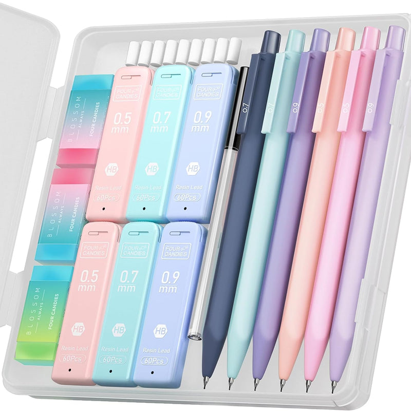 Four Candies Cute Mechanical Pencil Set, 6PCS Pastel Mechanical Pencils 0.5 & 0.7mm with 360PCS HB Leads, 3PCS Erasers and 9PCS Eraser Refills, Aesthetic School Supplies for Girls Writing