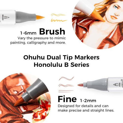 Ohuhu Skin Tone Alcohol Markers Brush Tip - 24 Portrait Skin Color Markers for Artist Adults Coloring Illustration - Fine and Brush Dual Tips - Honolulu B - Refillable - AP Certificated