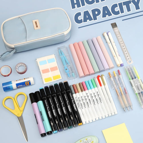 SUNEE Cute Pencil Case, Aesthetic Pen Pouch, Colored Large Pencil Bag with Zipper, Kawaii Stationery Storage and Organizer, School Supplies for Teen and Adult Girls, Blue