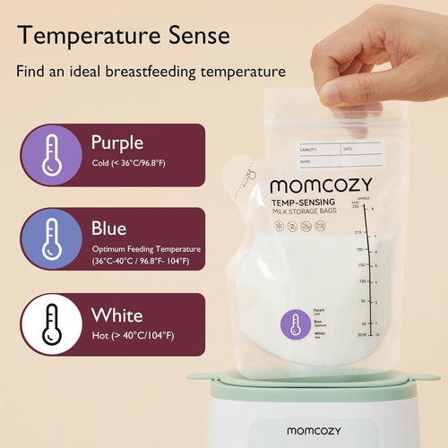 Momcozy 8oz Breastmilk Storage Bags,Temp-Sensing & Pour Spout,120 Count | Temp-Sensing Color Change, Milk Bags with Pour Spout, Self Standing,No Leak Presterilized