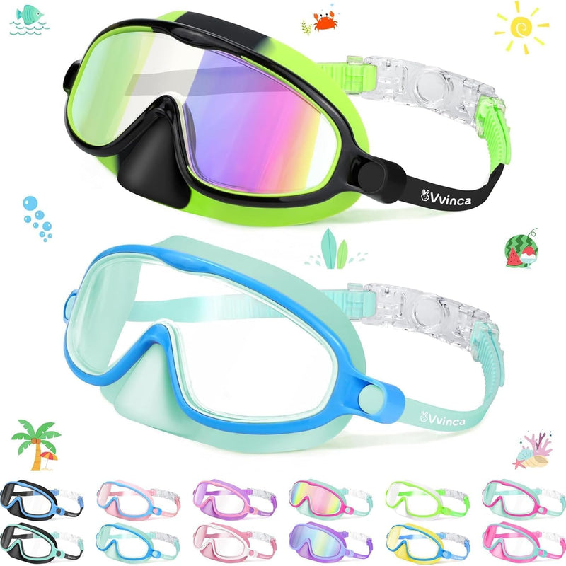 Vvinca 2 Pcs Kids Swim Goggles with Nose Cover, Swimming Diving Mask Wide View Anti Fog UV Anti Shattered Lens for Kids 3-14