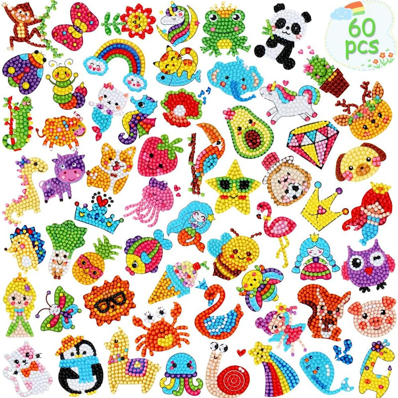 60pcs 5D Diamond Art Stickers Arts and Crafts Kits for Kids Ages 4-8 8-12 | Creative Gem Art Paint by Number Kits for Kids Boys Girls DIY Mosaic Stickers Toys for Birthday Party Halloween Xmas Gifts