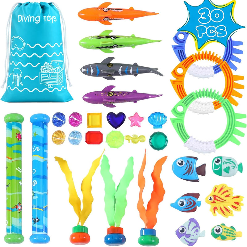 20Pcs Summer Pool Diving Swimming Toys for Kids Ages 3-12, Fun Swim Games Sinking Set, Underwater Dive Gifts with Storage Bag Include Torpedo Gems Shark Rings Sea Animals for Boys Girls