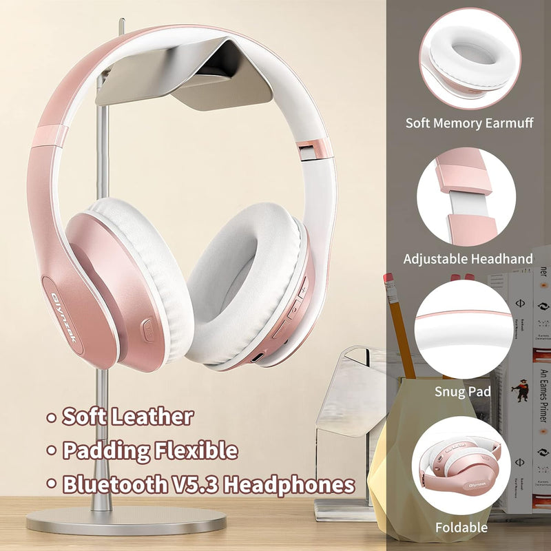 Wireless Bluetooth Headphones Over Ear 65H Playtime HiFi Stereo Headset with Microphone and 6EQ Modes Foldable Bluetooth V6.0 Headphones for Travel Smartphone Computer Laptop Rose Gold