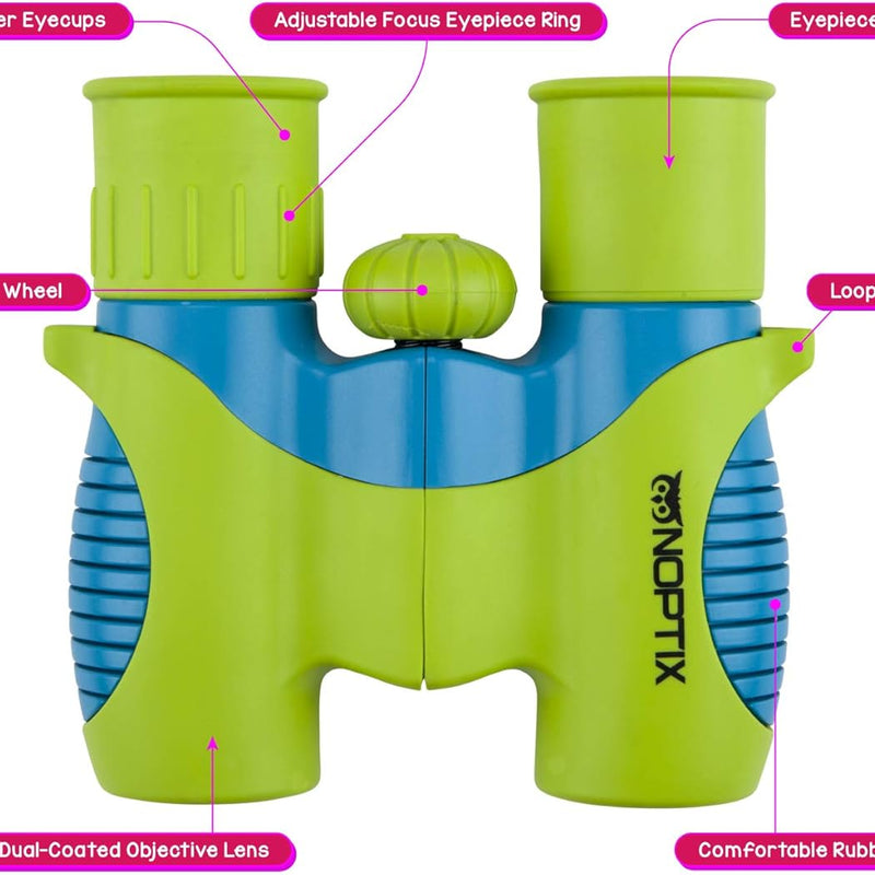 Vibrant green blue kids binoculars with sticker book and shockproof design for children aged 3+ years