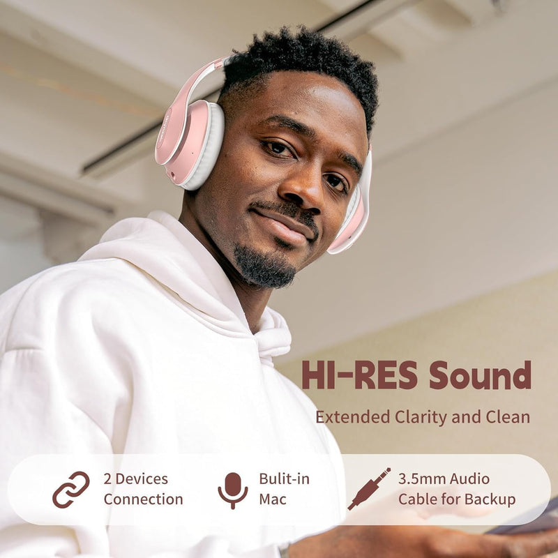 Wireless Bluetooth Headphones Over Ear 65H Playtime HiFi Stereo Headset with Microphone and 6EQ Modes Foldable Bluetooth V6.0 Headphones for Travel Smartphone Computer Laptop Rose Gold