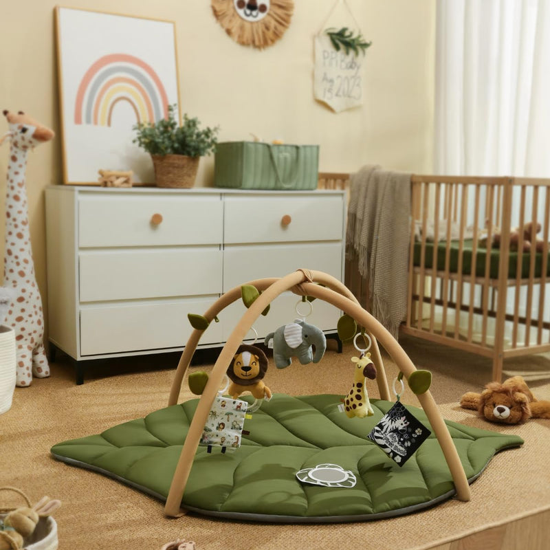 Blissful Diary Baby Play Gym & Activity Mat, Oversize Leaf Shaped Baby Play Mat w 6 Detachable Toys, Tummy Time Mat Promote Motor Skills & Sensory Development Mat, Newborn Infant Baby Essentials Gift