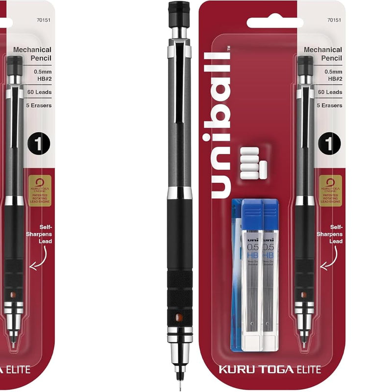 uniball Kuru Toga Elite Mechanical Pencil Starter Kit, 0.5mm, HB #2, Silver Barrel, 1 Pack
