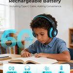 seenda JCH-01 Kids Bluetooth Headphones, 85/94dB, 3 Light Modes,Black&Blue | 75H playtime, soft padded fit, mic & AUX cord, stickers & doodle fun kids love; Wireess Headphones for school, travel, iPad.