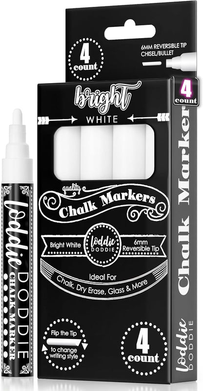 Loddie Doddie Chalk Markers - Pack of 24, 6mm Reversible Tips - Liquid Chalk Pens for Glass Surfaces & Windows - Erasable Pens for Chalkboard Calendar - Non-Toxic Chalkboard Markers