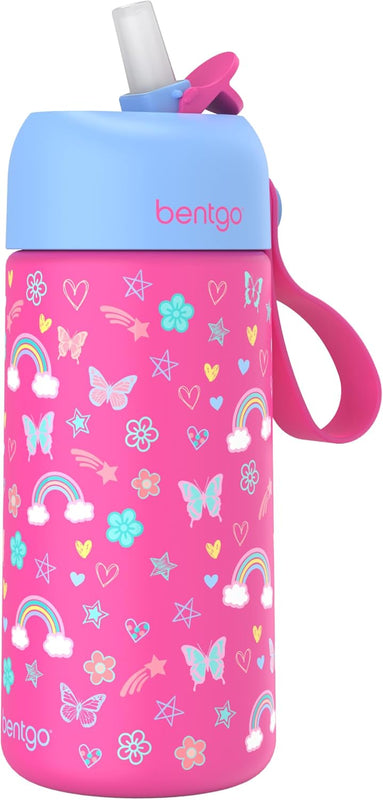 Bentgo Kids Stainless Steel Water Bottle, Leak-Proof, 14 oz, Bite & Sip | Vacuum Insulated, 18/8 Stainless Steel, 12-Hour Cold, Dishwasher Safe, BPA-Free (Rainbows & Butterflies)