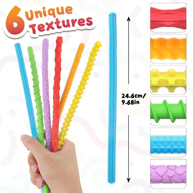 Fidget Toys Silicone Sensory Sticks, Textured Calming Sensory Toys for Kids with Autism, Autism Toy for Anxiety Relief, Travel Toy for Kids 3+ & Adults (6 Pack)
