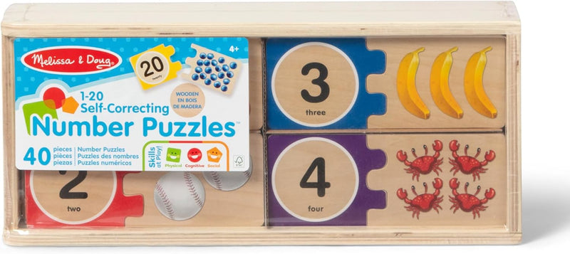 Melissa & Doug Self-Correcting Wooden Number Puzzles with 40 Durable Pieces, Designed for Preschoolers Ages 4-7, Featuring Familiar Objects and a Convenient Slide-In Storage Box for Early Learning and Skill Development.