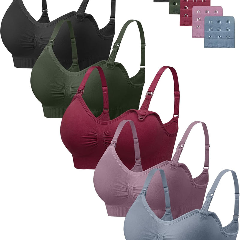 Angelhood Women Nursing Bras for Breastfeeding 5 Pack, Maternity Sleep Bra | Seamless Pregnancy Full Bust Bralettes with Extenders, Wireless V Neck Bralette, Ultra Comfort Postpartum Essentials Bra Pack