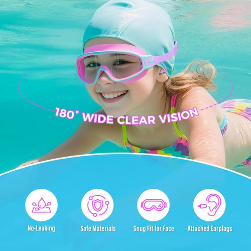 3 Pack Swimming Goggles, Kid Goggles with Earplugs Large Frame Anti-Fog/UV Wide View Swim Goggles Boys Girls 6-14