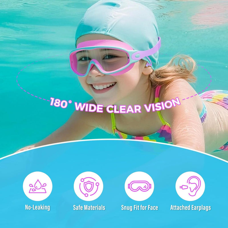 3 Pack Swimming Goggles, Kid Goggles with Earplugs Large Frame Anti-Fog/UV Wide View Swim Goggles Boys Girls 6-14