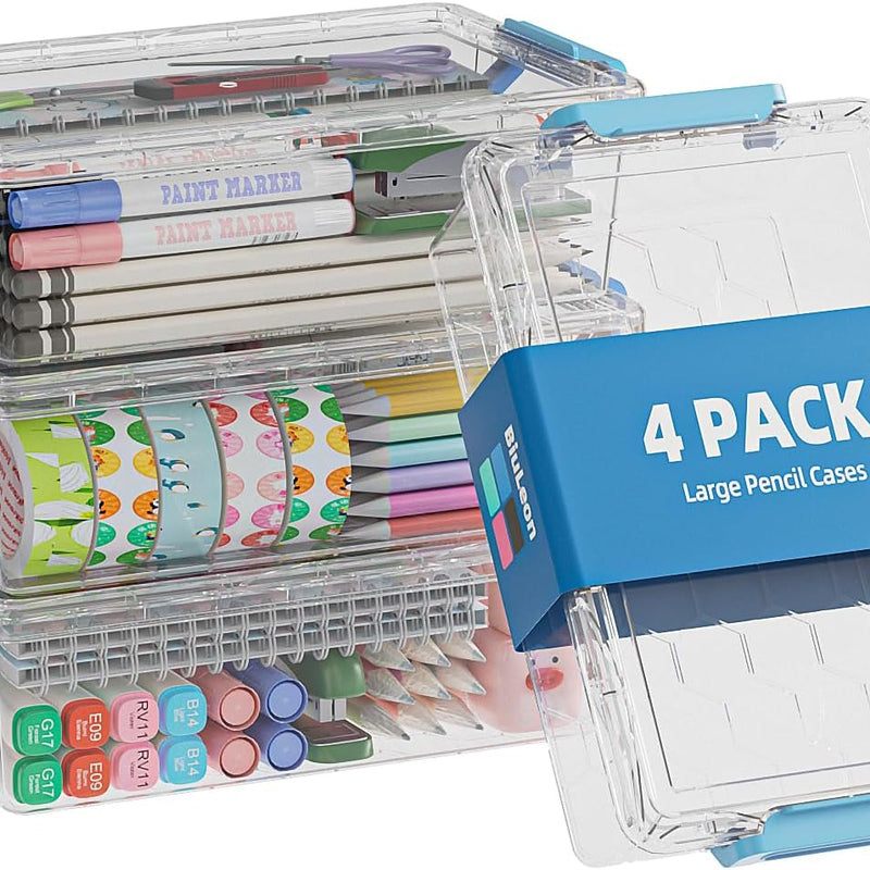 BiuLeon 4 Pack Extra Large Pencil Box, Plastic Pencil Case Organizer, Clear Crayon Box Marker Organizer, Stackable Craft Organizers and Storage for Pen, Craft, Art Supply(Grey)